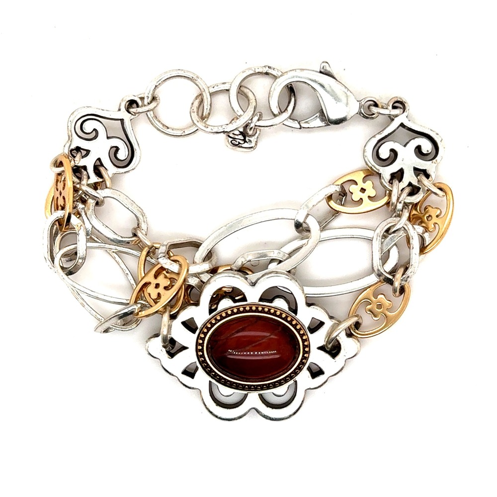 Brighton Mixed Metal Tigers Eye Multi Strand Link Bracelet Silver Gold Tone 8in
